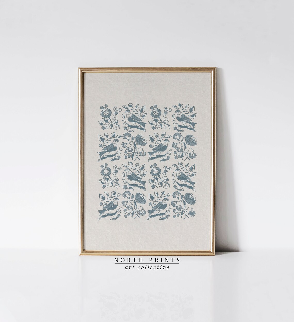 Dusty Blue Bird Floral Block Print Pattern Folk Nursery Kids Wall Art - Image 2