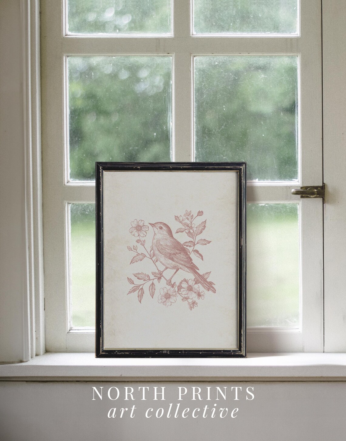 Pink Antique Bird Illustration Floral Branch Nursery Room Poster - Image 4