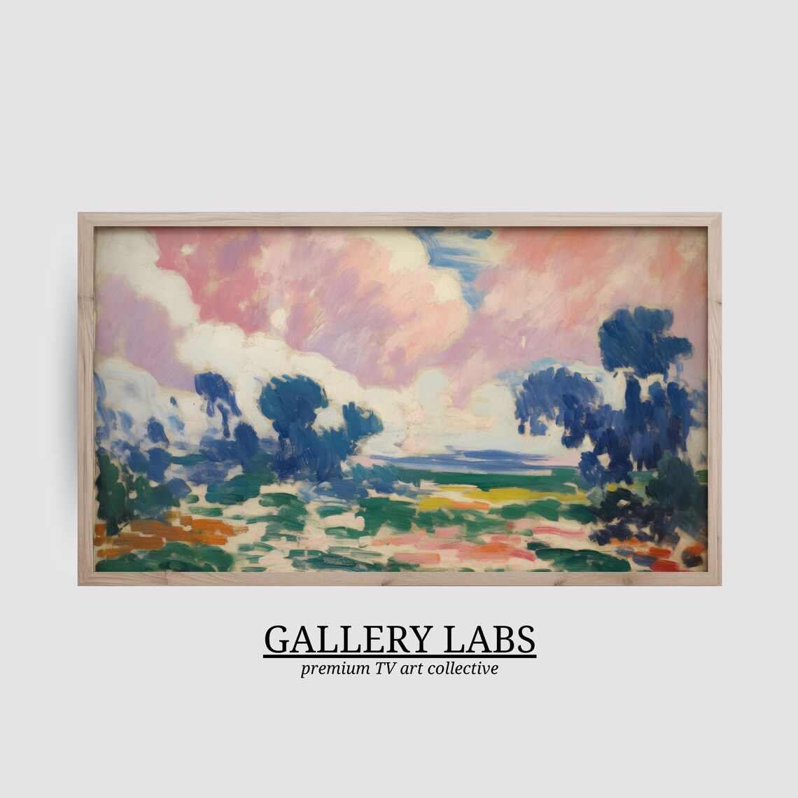 Pink Lavender Clouds Meadow Landscape Painting Framed TV Art Print - Image 2