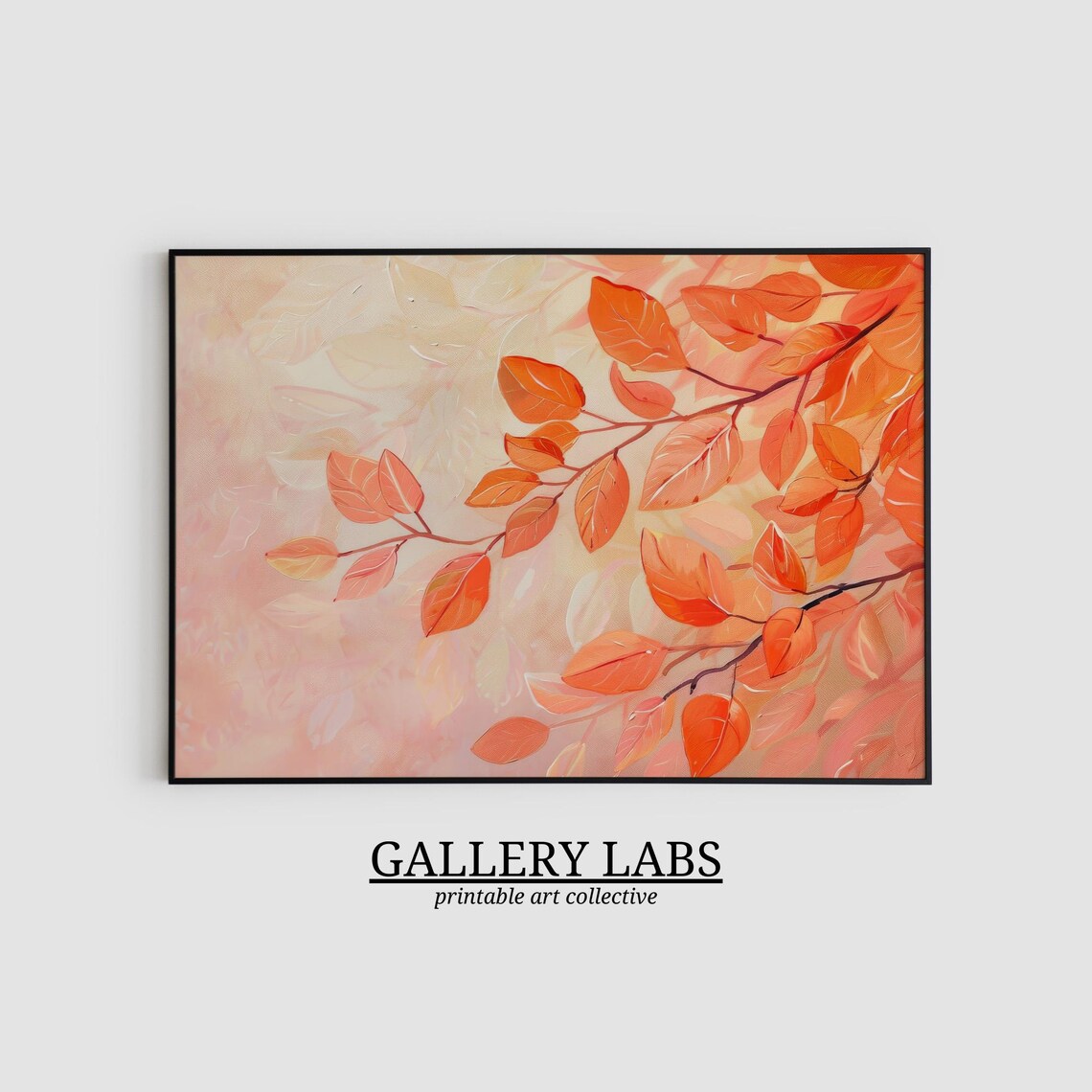 Orange Autumn Leaves Branch Soft Pink Background Fall Wall Art Print - Image 2