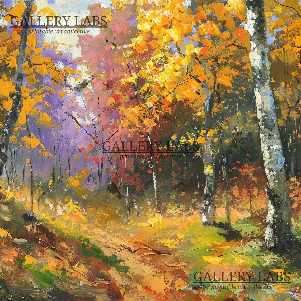 Golden Autumn Birch Forest Landscape Painting Fall Foliage Wall Art Print - Image 4