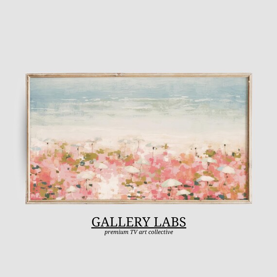 Dreamy Pink Blossom Field Stretching to Pale Blue Horizon Soft Impressionist Painting