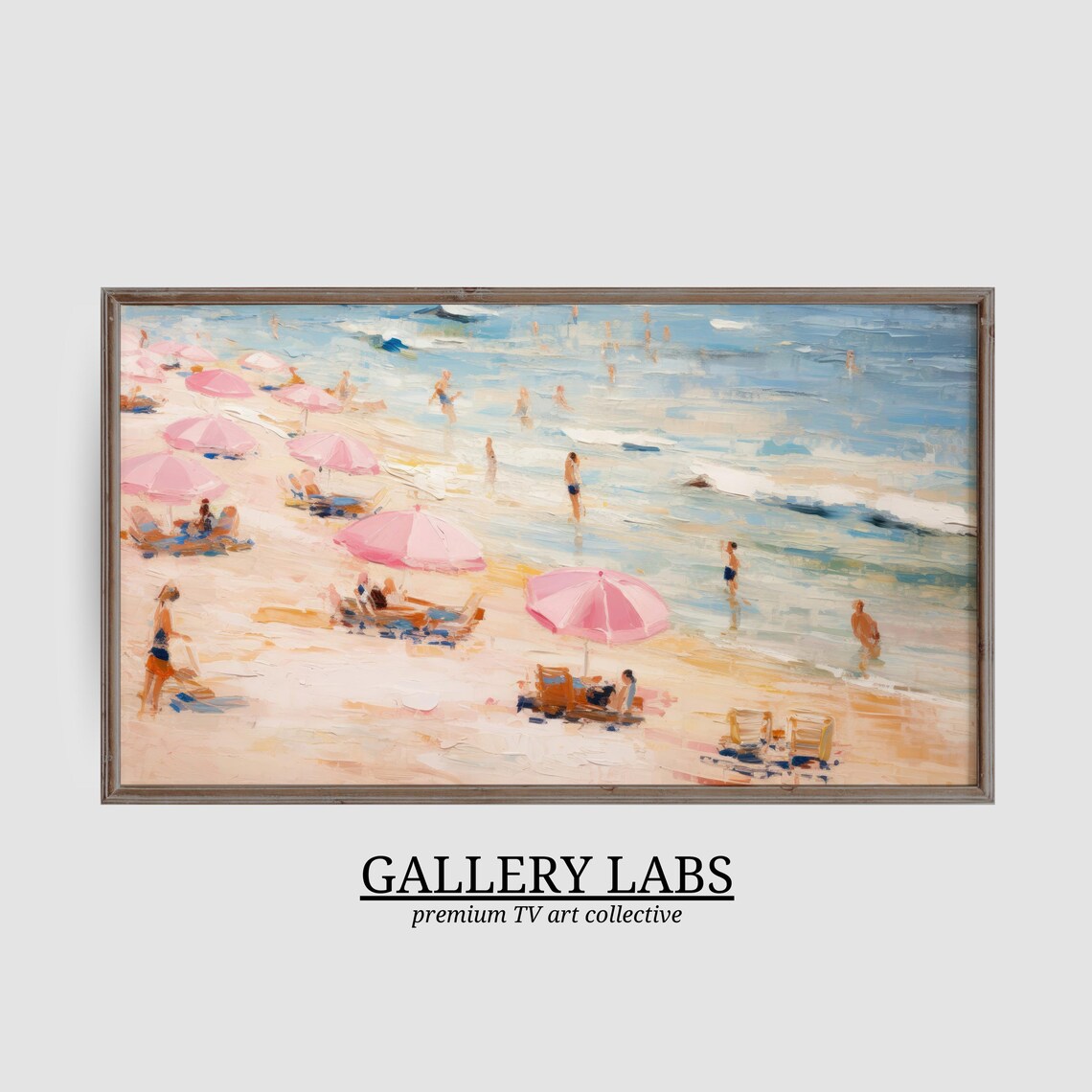 Pink Beach Umbrellas Ocean Painting Summer Coastal Surf Wall Art Poster - Image 3