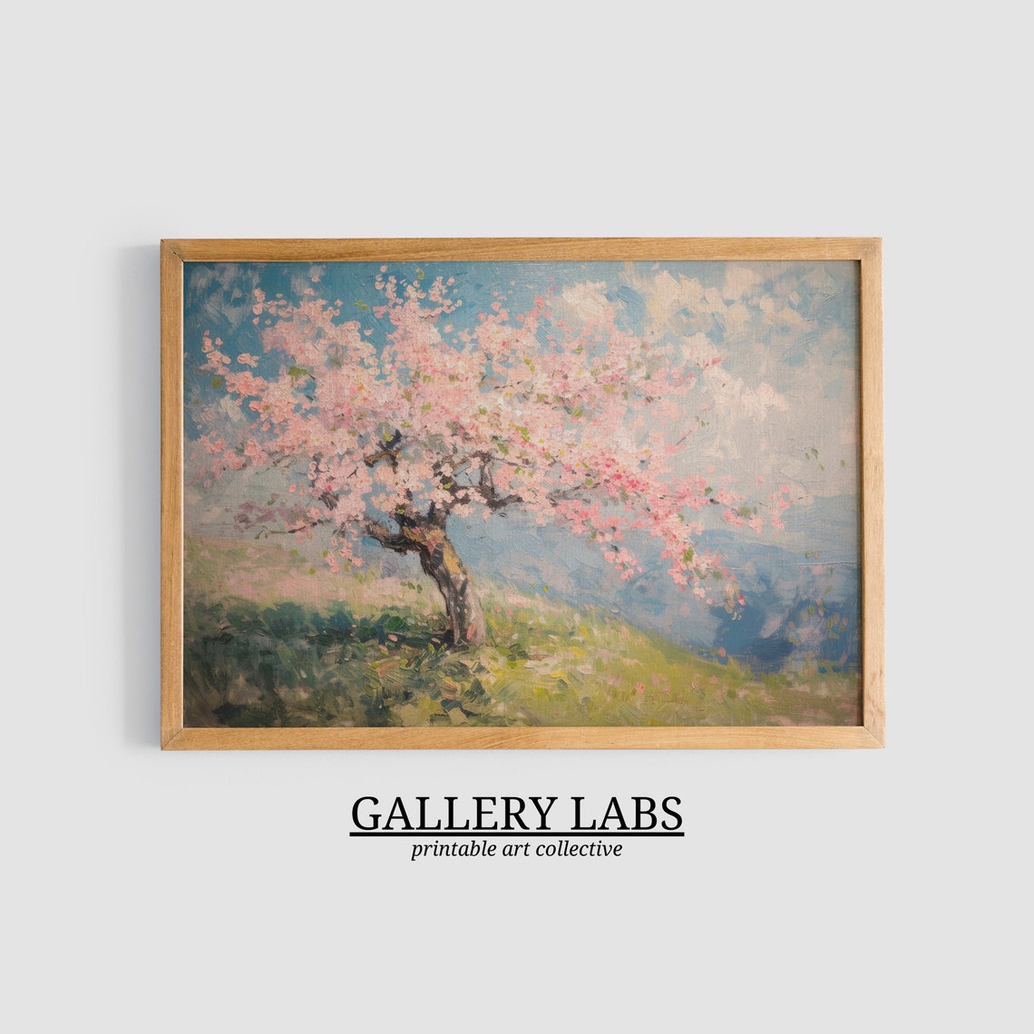 Pink Cherry Blossom Tree In Bloom Spring Hillside Painting Poster - Image 3