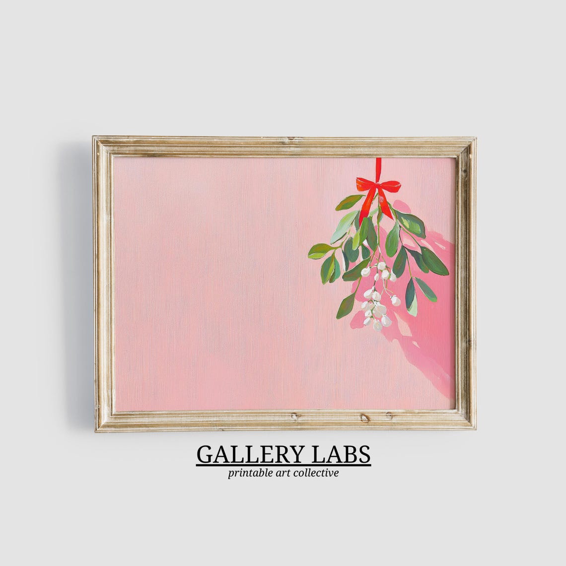 Pink Mistletoe Sprig Red Bow Christmas Botanical Wall Art Poster
