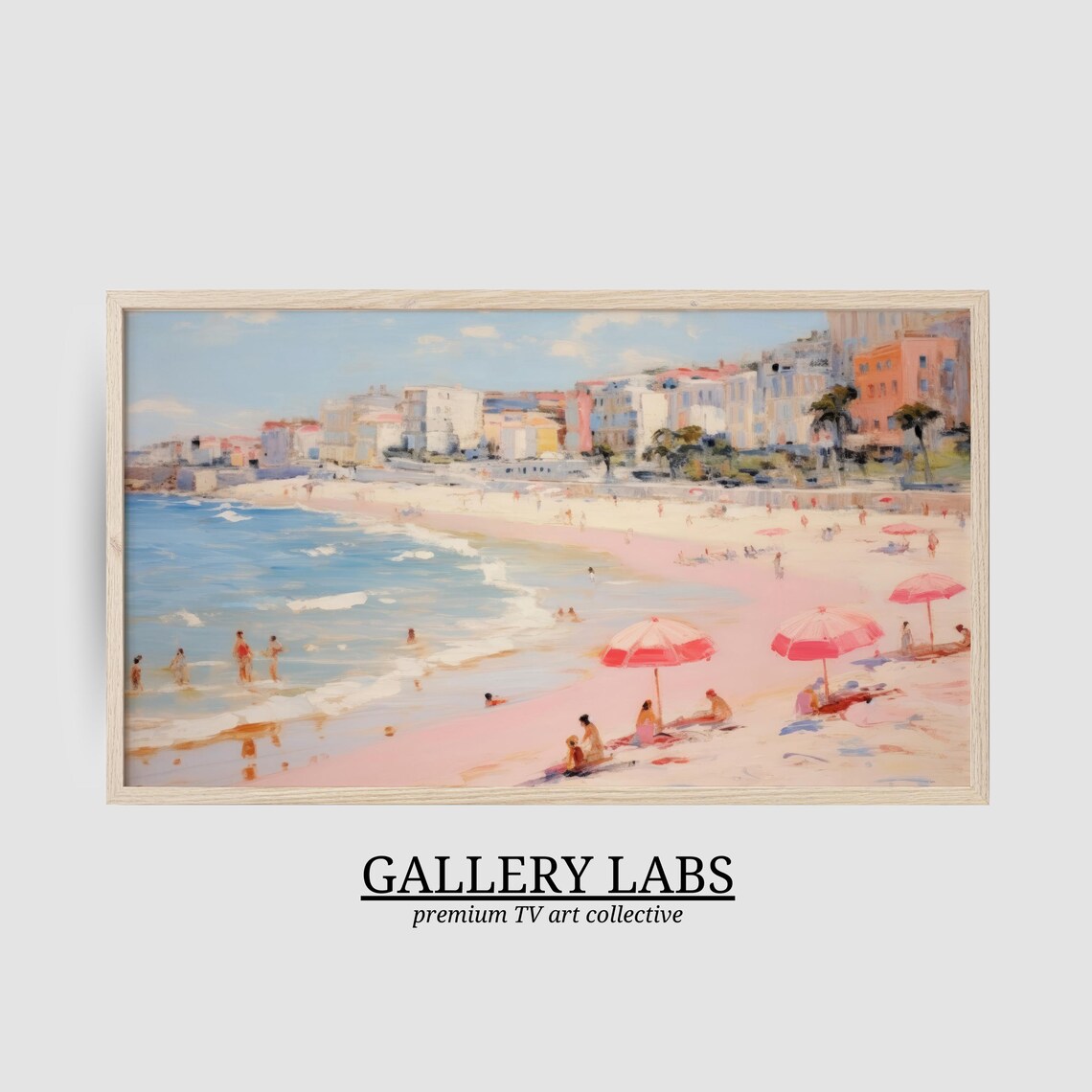 Pink Sand Beach Umbrellas Swimmers Seaside Town Pastel Painting Poster - Image 2