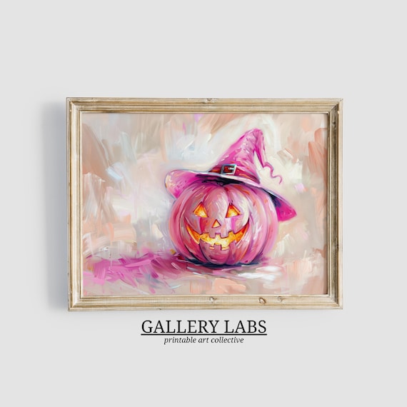 Pink Pumpkin Witch Hat Jack O Lantern Cute Halloween Painting Poster