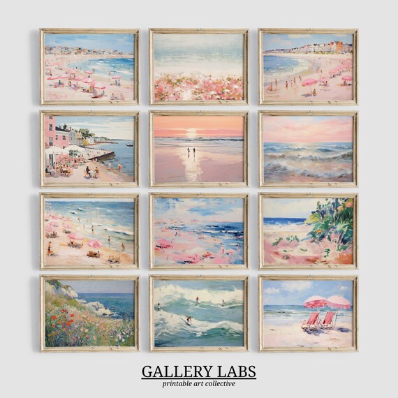 Pink Coastal Beach Scenes Set of 12 Vintage Seaside Gallery Wall Art
