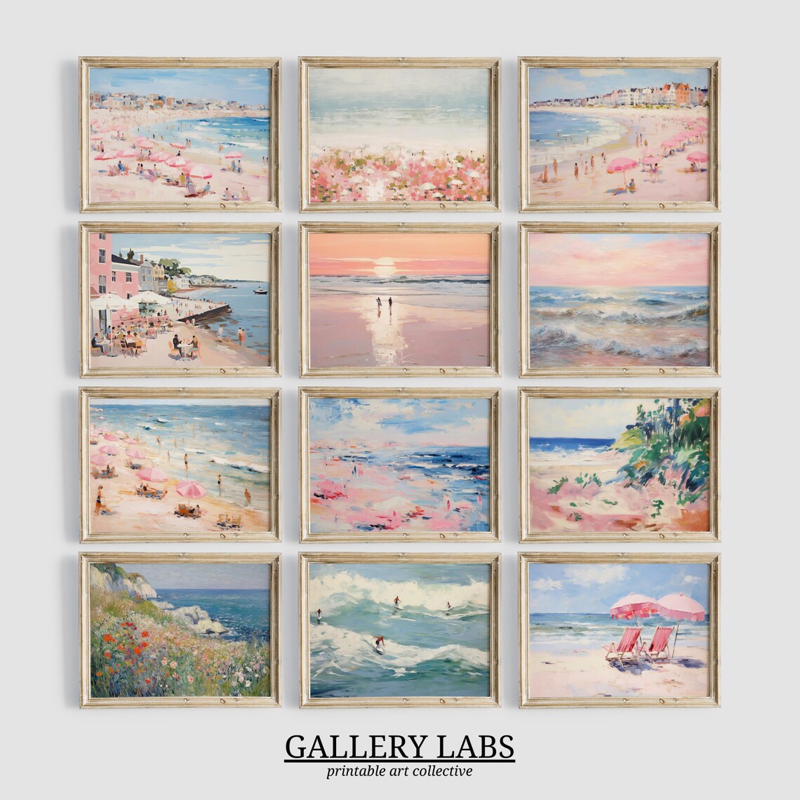 Pink Coastal Beach Scenes Set of 12 Vintage Seaside Gallery Wall Art