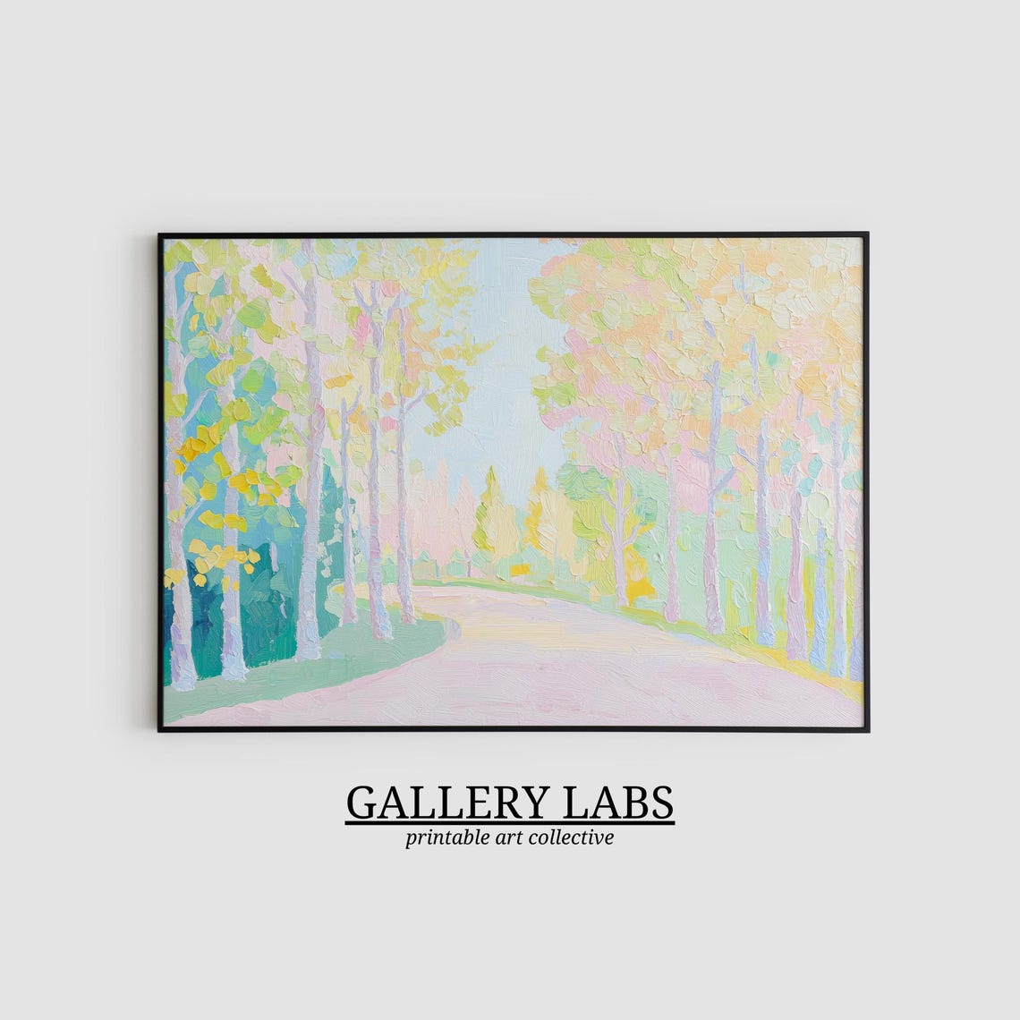 Pastel Pink Autumn Forest Path Painting Yellow Trees Wall Art Poster - Image 2