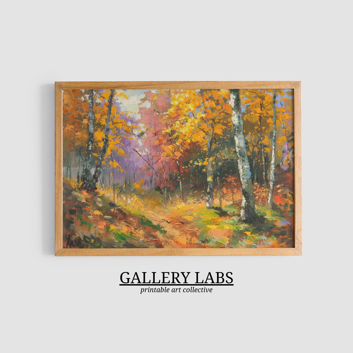 Golden Autumn Birch Forest Landscape Painting Fall Foliage Wall Art Print - Image 3