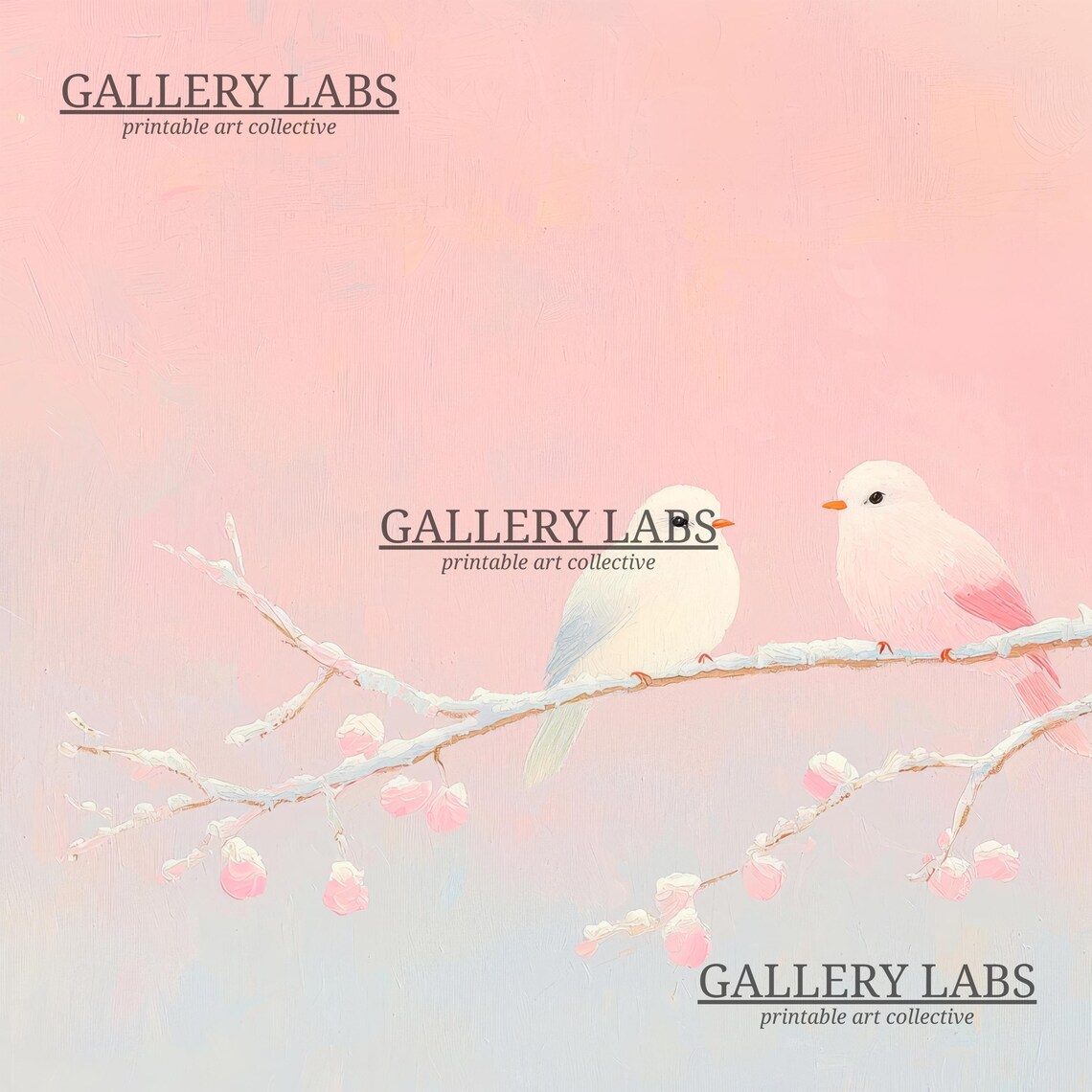 Pink Winter Birds Snowy Branch Pastel Bird Pair Christmas Art Poster - Image 4