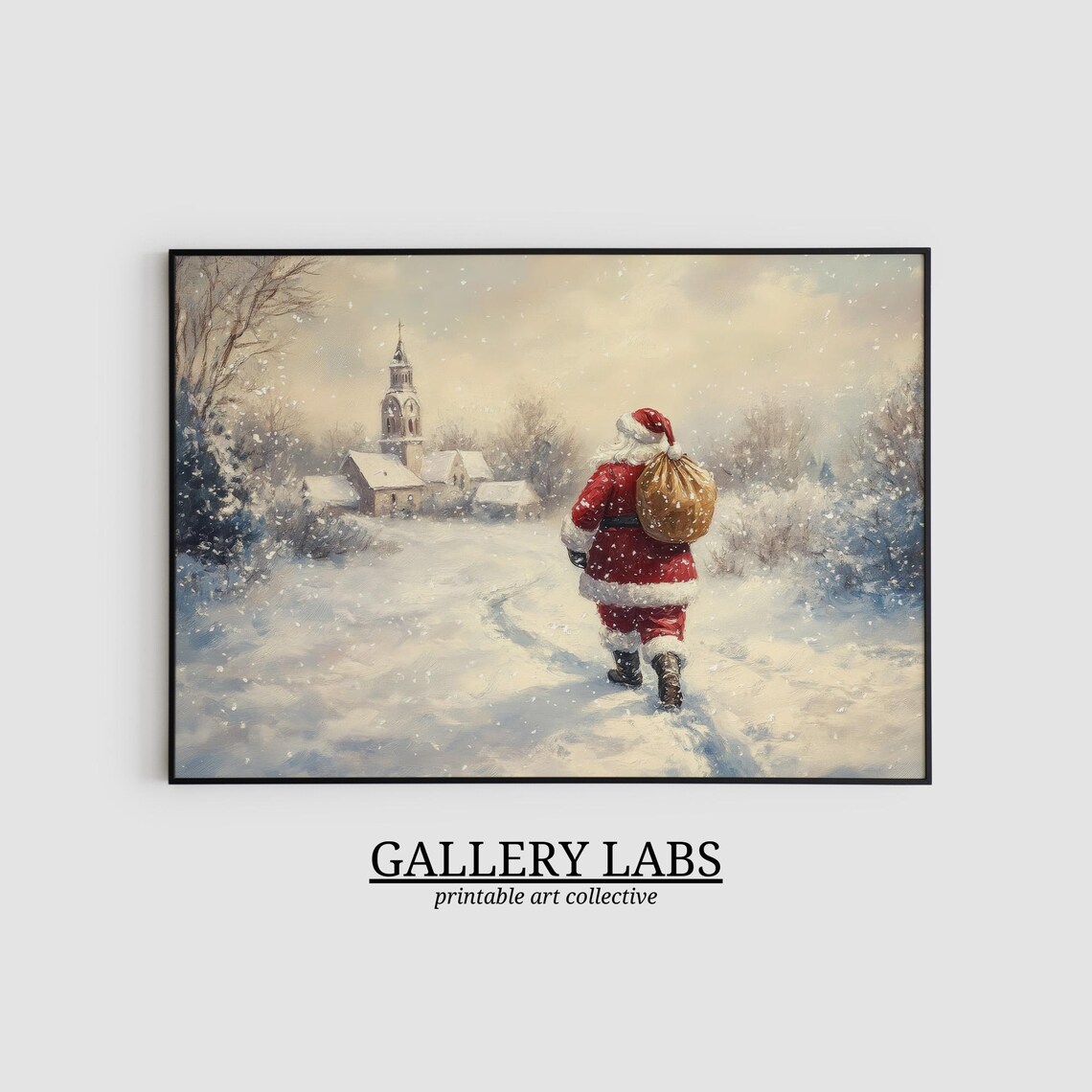 Santa Claus Snowy Woods Village Church Sack Christmas Art Poster - Image 2