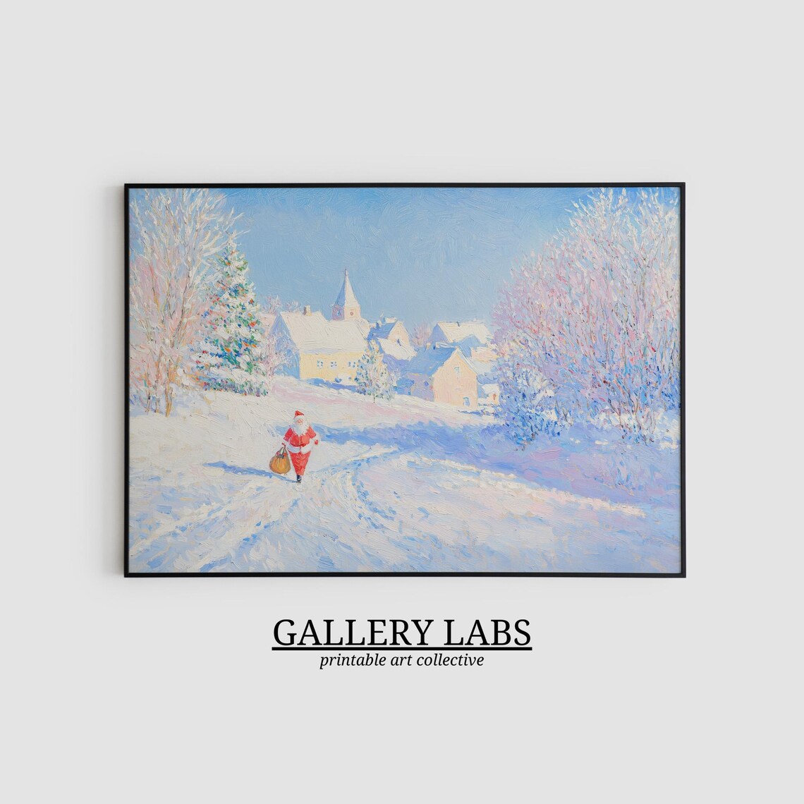 Santa Claus Snowy Village Church Winter Christmas Scene Wall Art - Image 2