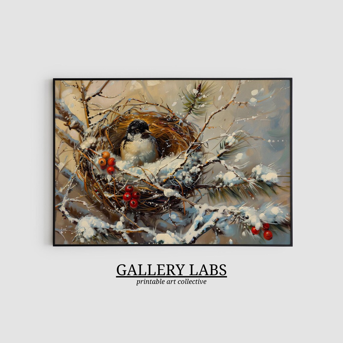 Winter Bird Snowy Nest Red Berries Oil Painting Nature Art Poster - Image 2