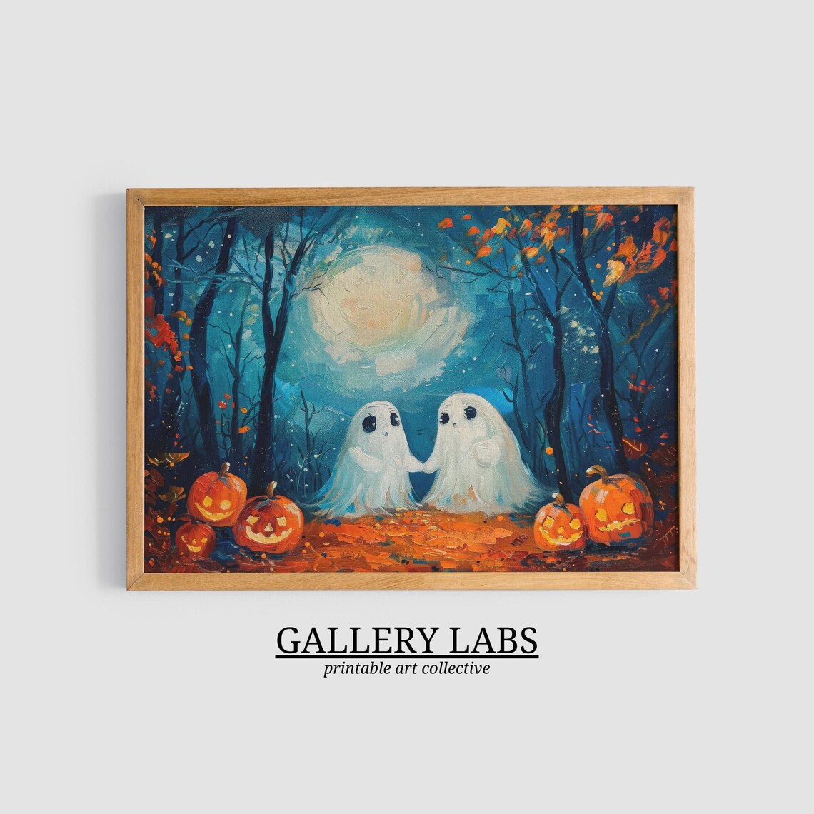 Cute Ghosts Holding Hands with Pumpkins Full Moon Halloween Wall Art Print - Image 3