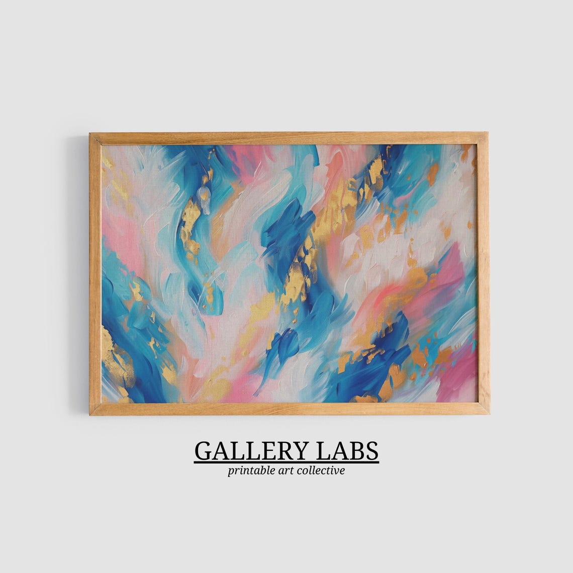 Blue Gold Pink Abstract Brushstroke Modern Colorful Painting Wall Art - Image 3