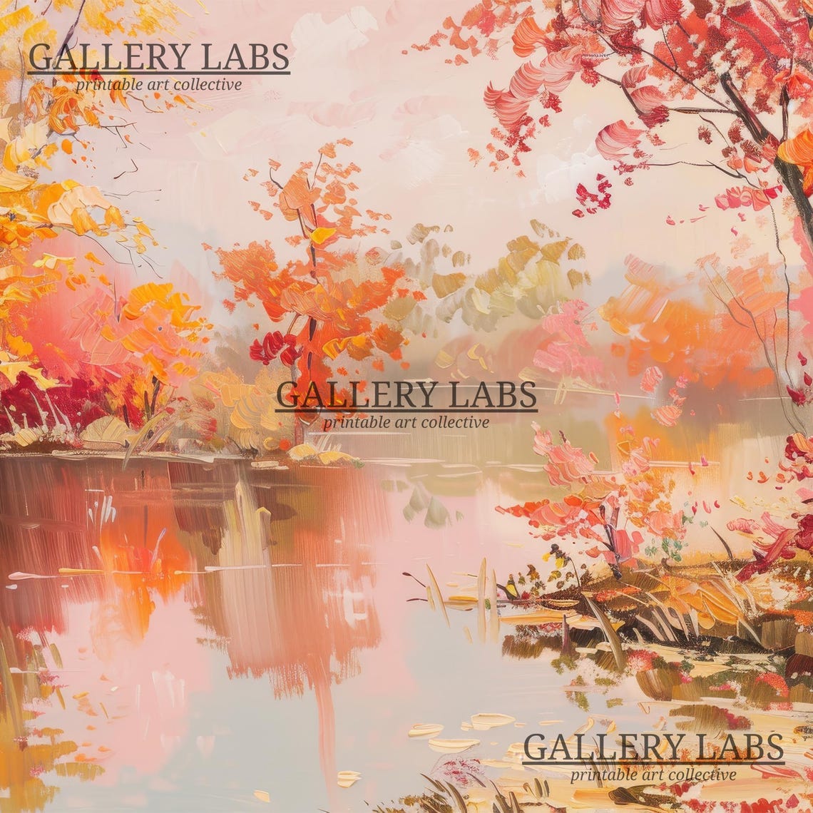 Autumn Lake Reflection Fall Foliage Water Landscape Painting Poster - Image 4