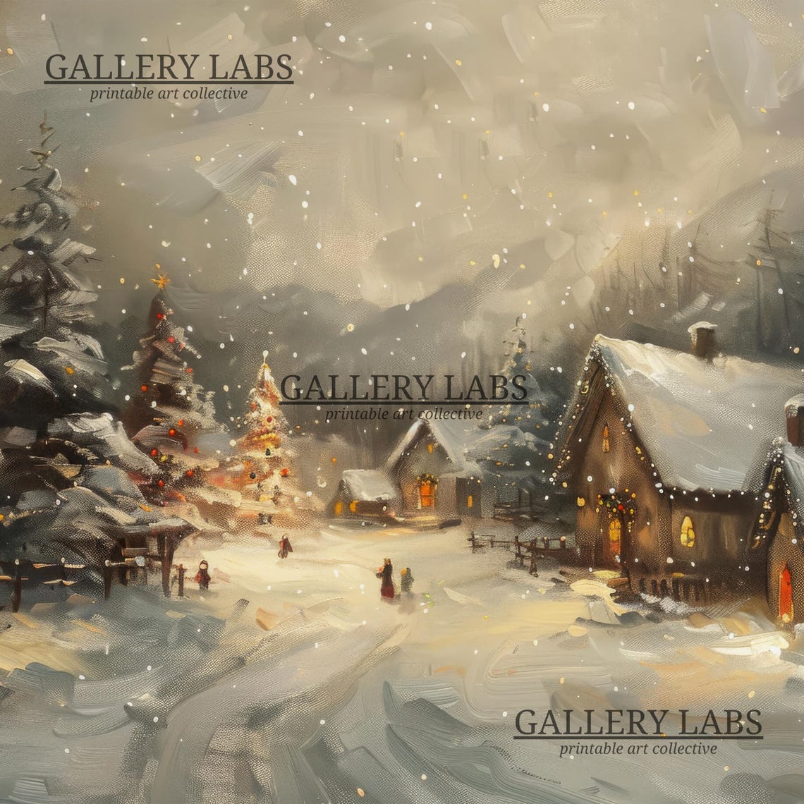 Snowy Village Glowing Cabins Falling Snow Winter Night Painting Poster - Image 4