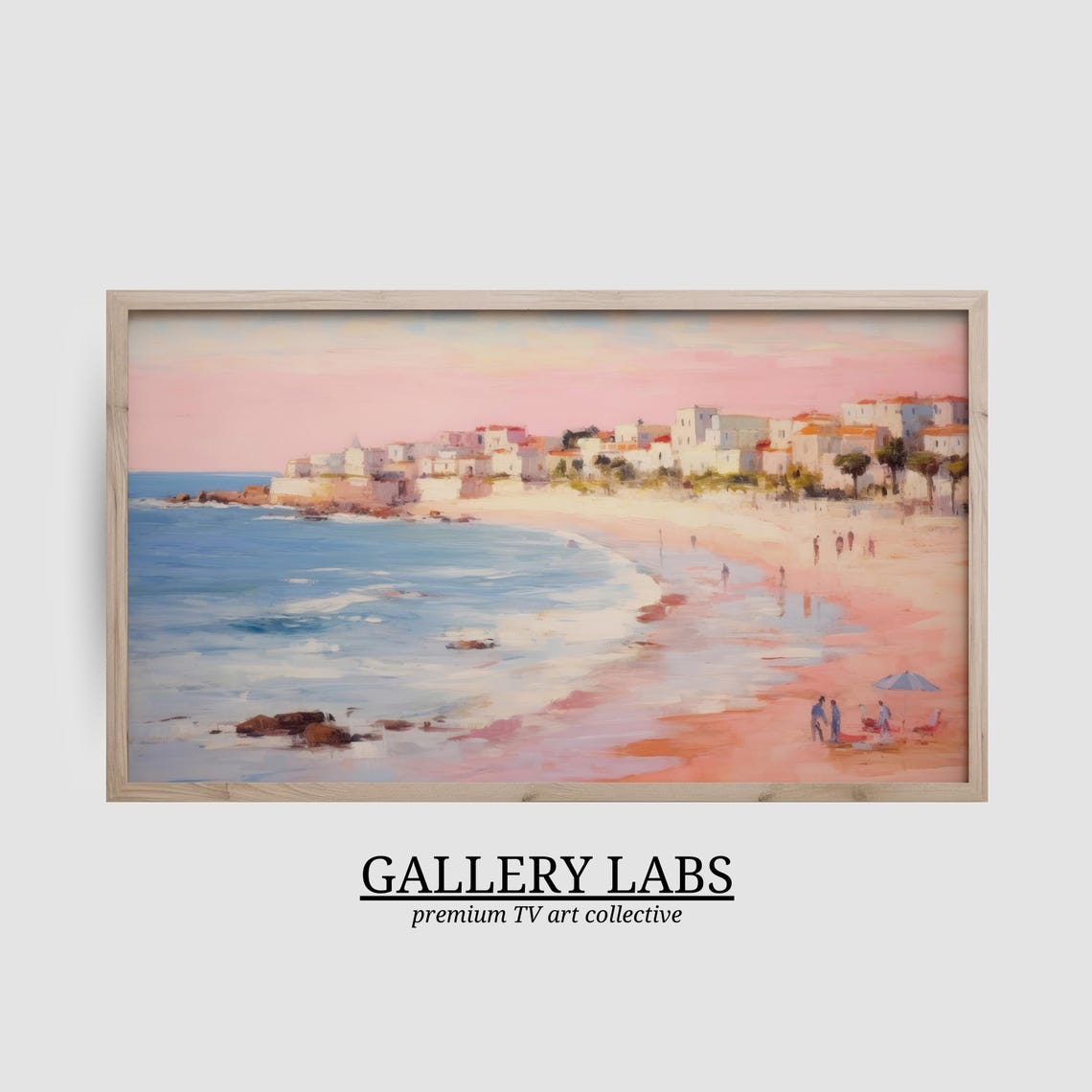 Pink Sunset Beach White Seaside Town Strolling Figures Painting Poster - Image 2