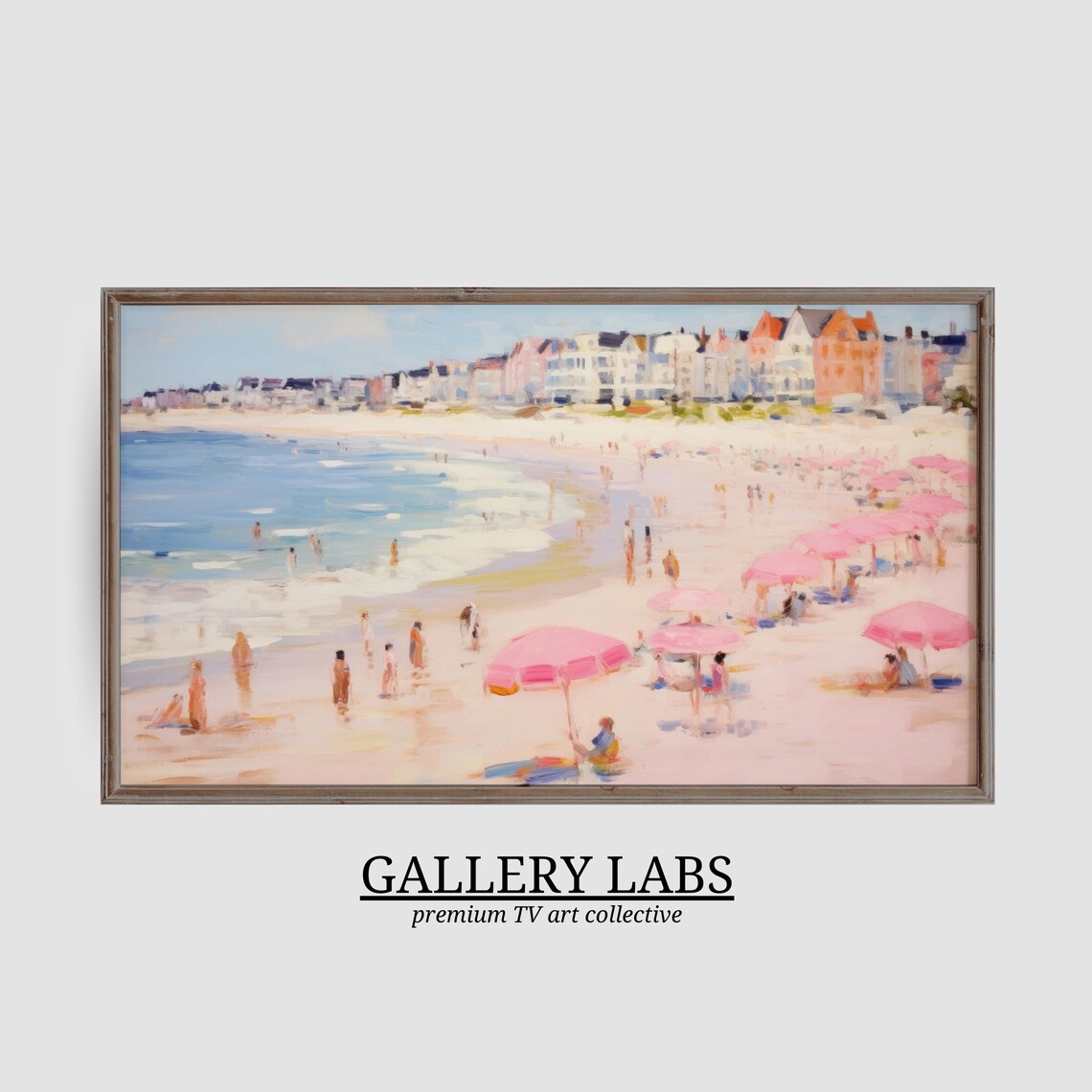 Pink Umbrella Beach Painting European Seaside Town Summer Coastal Wall Art - Image 3
