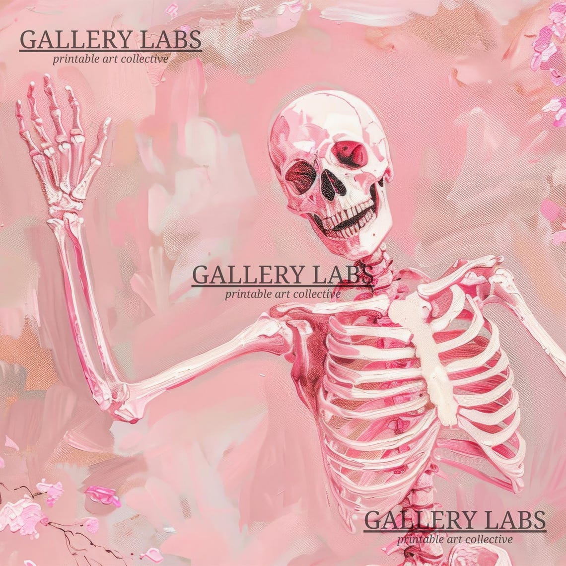 Pink Skeleton Waving Floral Blossoms Spooky Cute Painting Wall Poster - Image 4