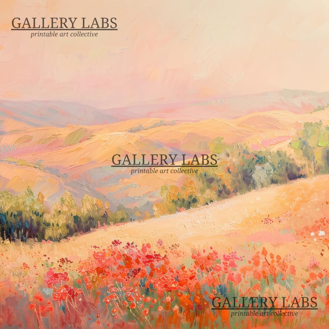 Blush Pink Landscape Rolling Hills Dreamy Trees Scene Art Print - Image 4