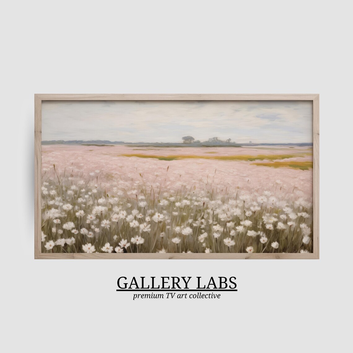 White Daisy Field Stretching Into Blush Pink Distance Gentle Panoramic Painting Poster - Image 2