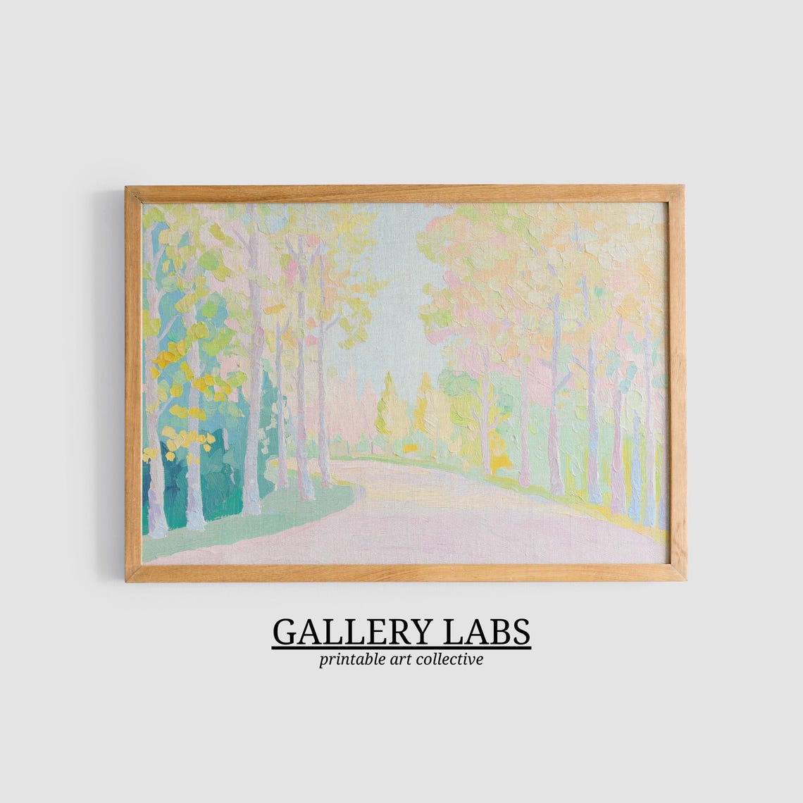 Pastel Pink Autumn Forest Path Painting Yellow Trees Wall Art Poster - Image 3