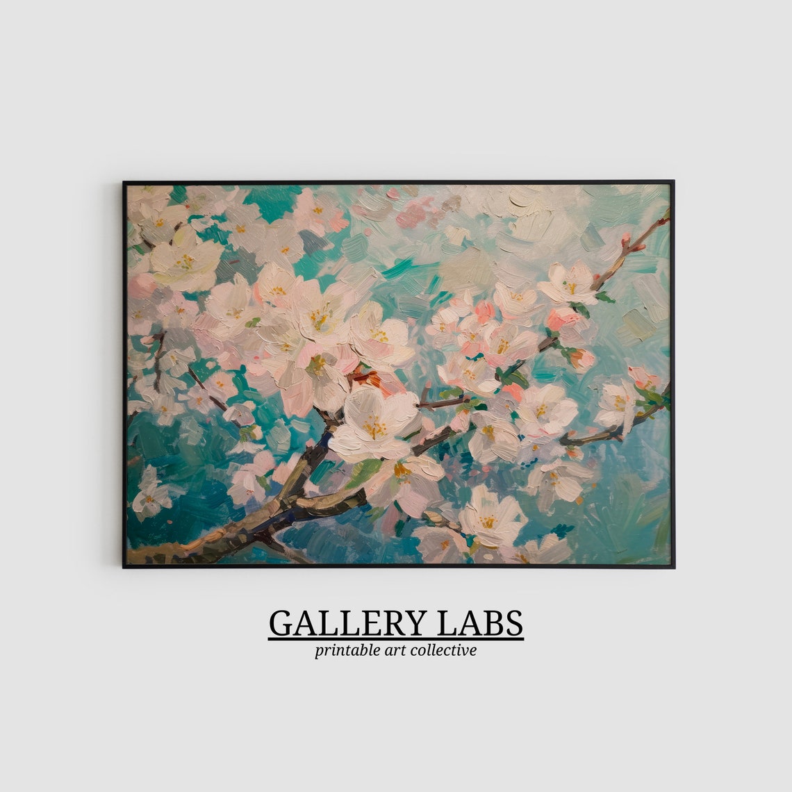 Cherry Blossom Branch Painting Pink White Blooms Teal Art Print - Image 2