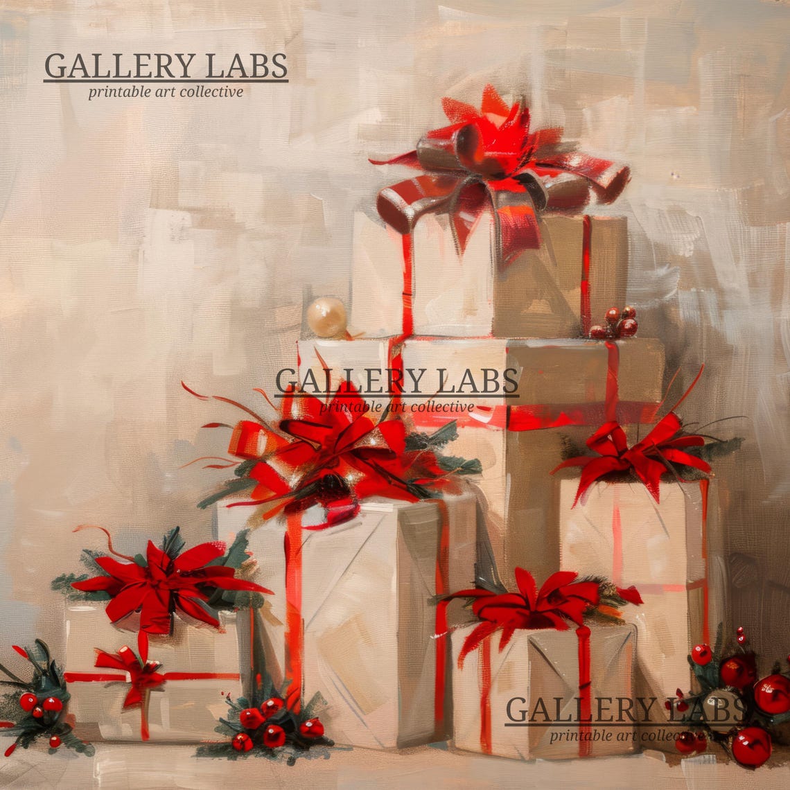 Vintage Christmas Gift Boxes Red Bows Still Life Painting Art Poster - Image 4