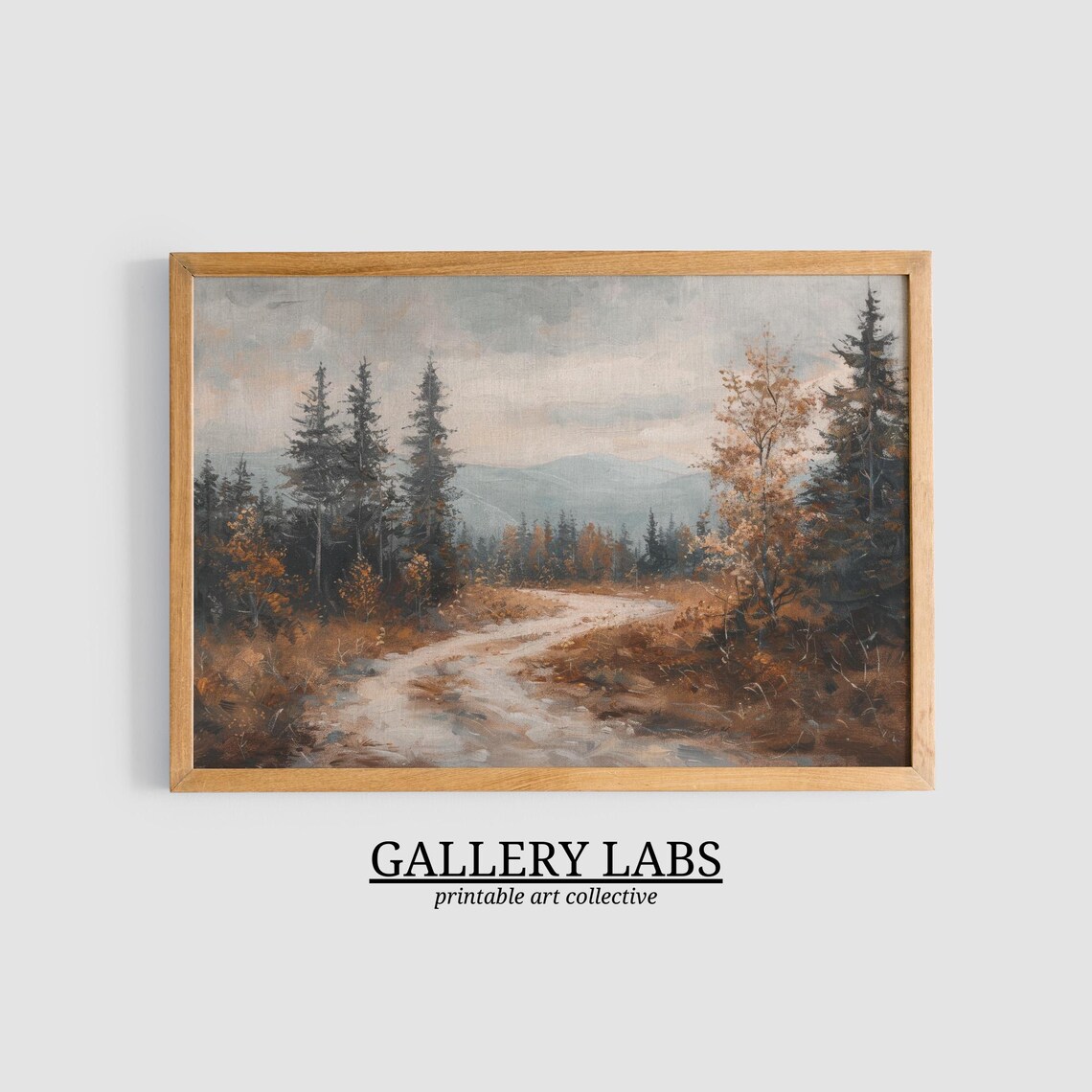 Winding Forest Path Through Autumn Pines Toward Blue Mountains Oil Painting Print - Image 3
