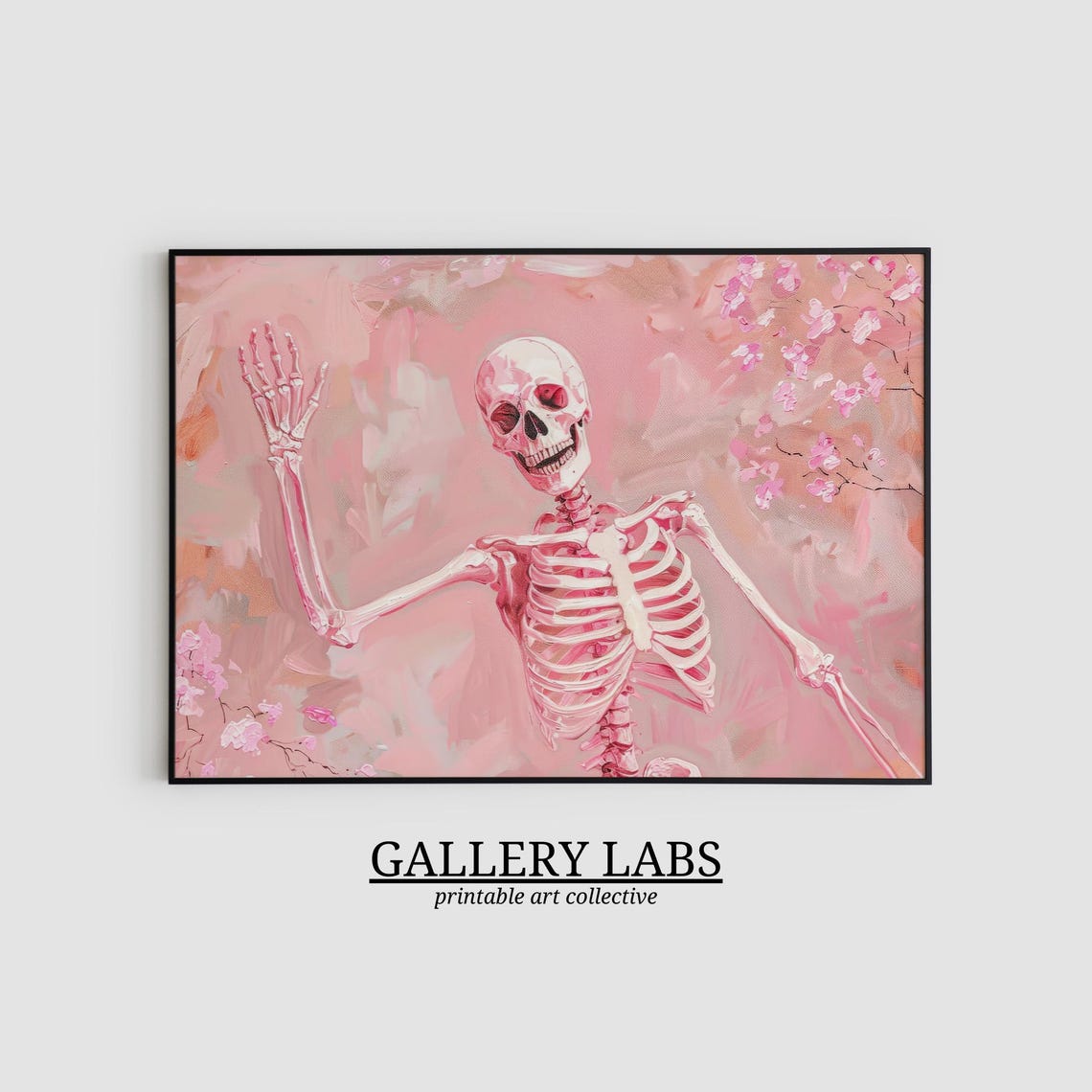Pink Skeleton Waving Floral Blossoms Spooky Cute Painting Wall Poster - Image 2