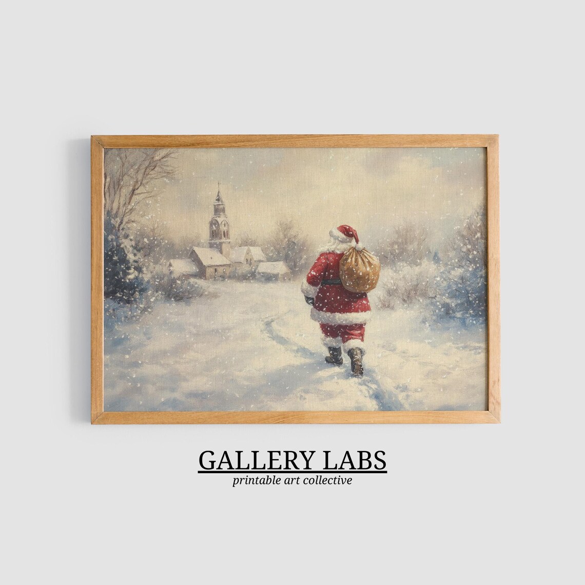 Santa Claus Snowy Woods Village Church Sack Christmas Art Poster - Image 3