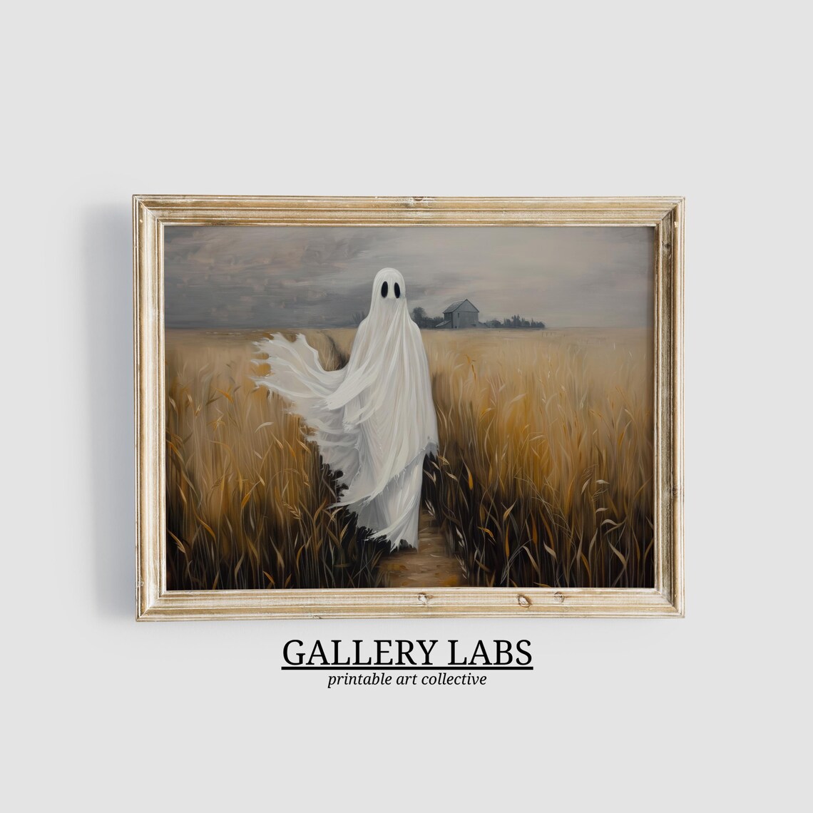 Ghost in Golden Wheat Field Moody Vintage Halloween Oil Painting Poster