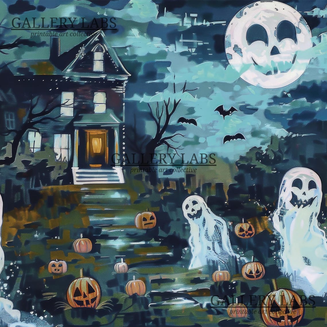 Haunted House Ghosts And Pumpkins Halloween Night Moon Poster - Image 4