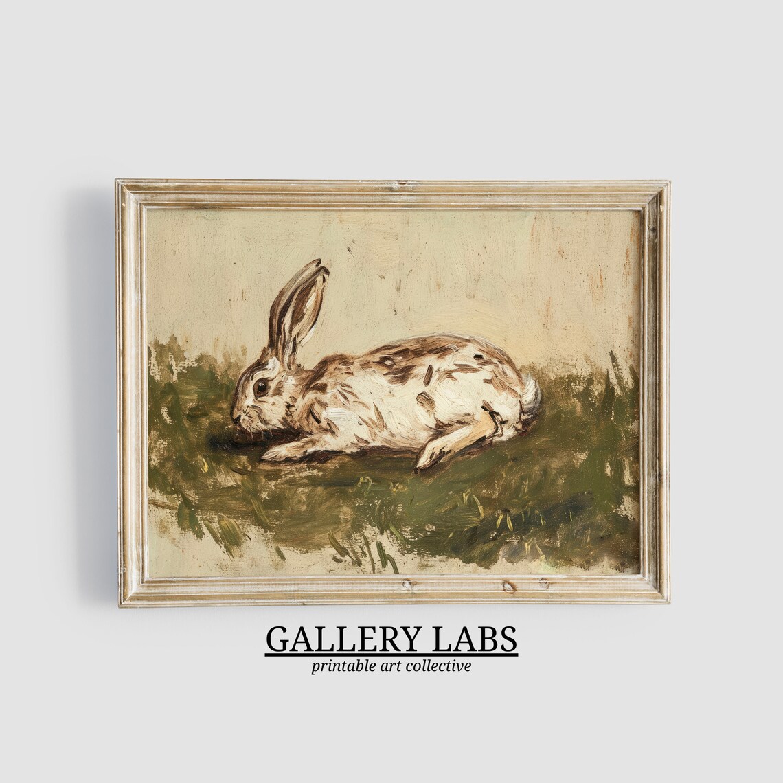 Vintage Wild Hare Lying in Grass Rustic Woodland Oil Art Print