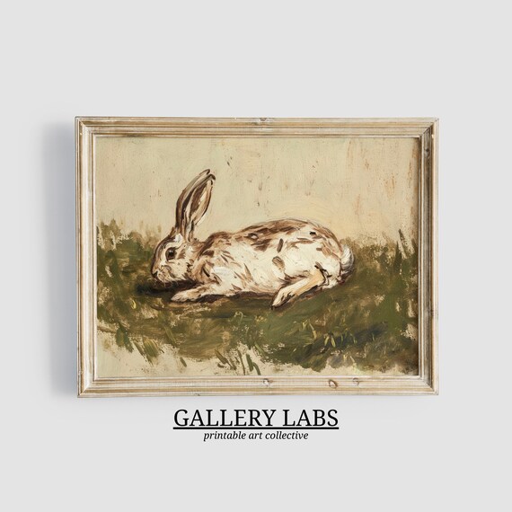 Vintage Wild Hare Lying in Grass Rustic Woodland Oil Art Print