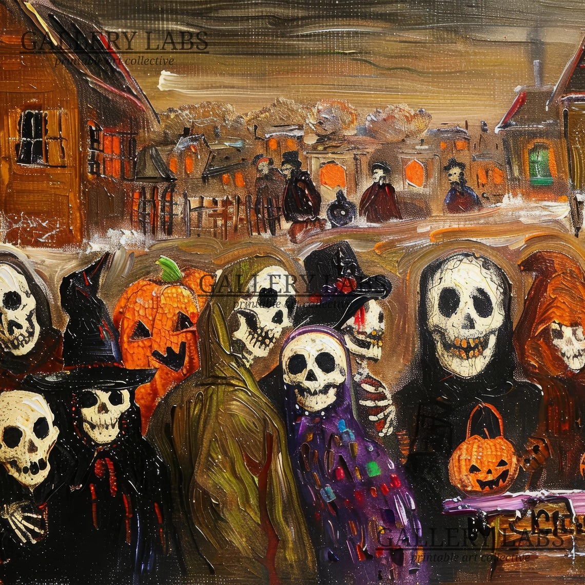Halloween Skeleton Gathering Folk Art Spooky Trick Or Treat Poster - Image 4