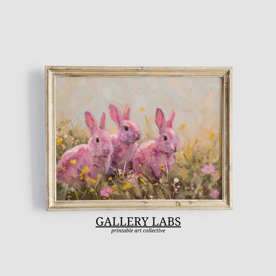 Three Pink Rabbits in Wildflower Field Whimsical Bunny Art Print