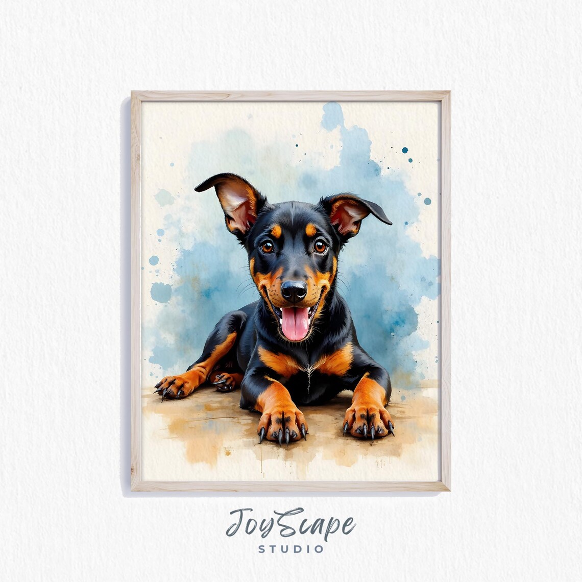 Playful Doberman Pinscher Puppy Watercolor Dog Portrait Poster
