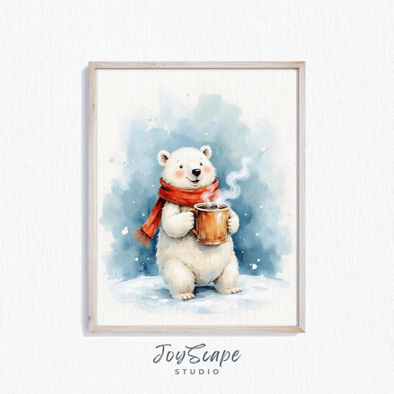 Cute Cozy Polar Bear With Cocoa Winter Watercolor Nursery Poster