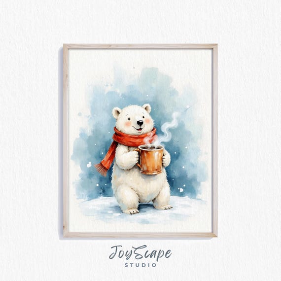 Funny Polar Bear With Cocoa Cute Winter Watercolor Print Wall Art Nursery Decor Instant Kids Room Animal 678