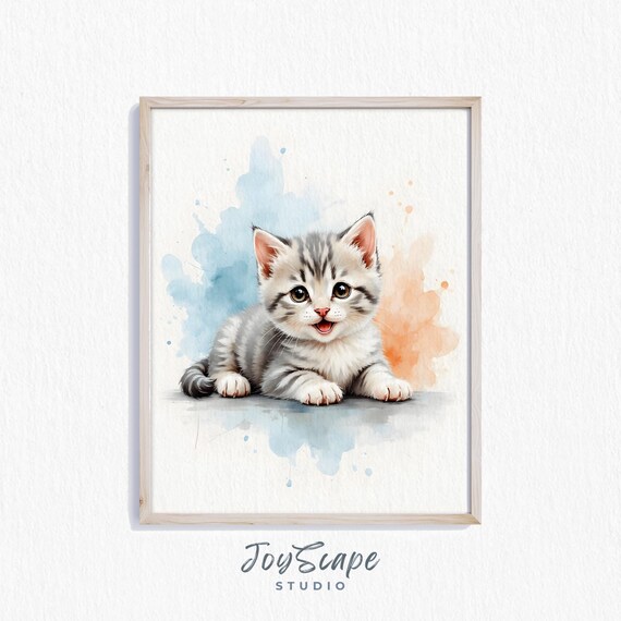 Scottish Fold Kitten Cute Watercolor Art Adorable Nursery Wall Decor Playful Cat Painting