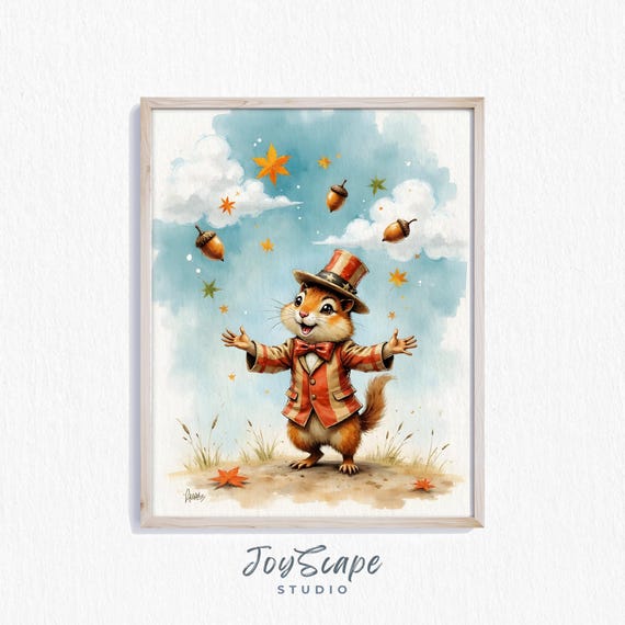 Funny Chipmunk Juggling Acorns Whimsical Watercolor Print Wall Art Kids Room Decor Animal Lovers Gift Instant 516