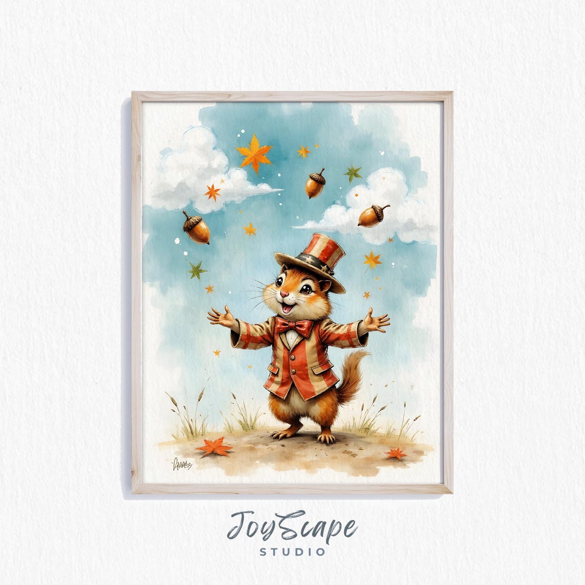 Chipmunk Juggling Acorns In Top Hat Watercolor Nursery Poster