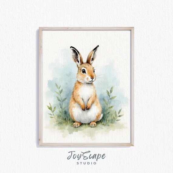 Snowshoe Hare Standing In Grass Watercolor Nursery Animal Art Poster