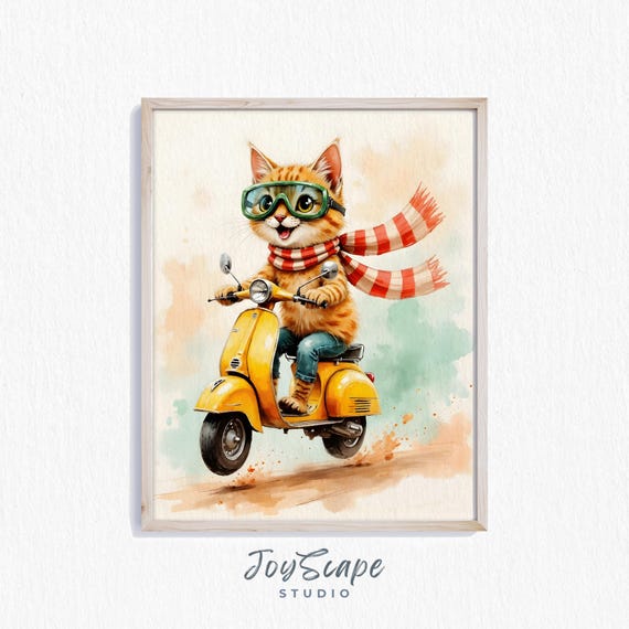 Funny Bobcat On Scooter Watercolor Kids Room Wall Art Nursery Decor