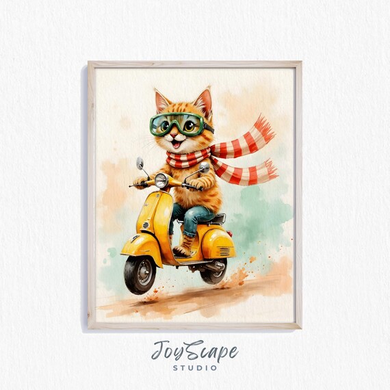 Ginger Kitten Riding a Vintage Yellow Scooter With Goggles Nursery Poster