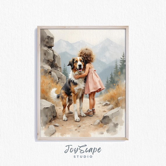 Australian Shepherd And Girl Nursery Wall Art Pastel Dog Decor